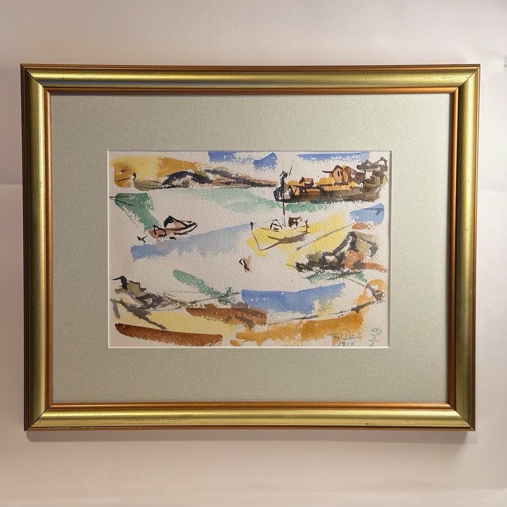 Ted Davis Signed 1954 Coastal Harbor Watercolor on Monhegan Island Modernist