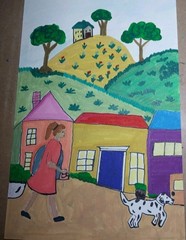 GAT Original Painting 6X9 Whimsical Animal Landscape Girl Walking Dog OOAK Art