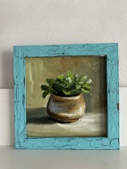 original oil painting still life 20х20cm Semi-abstract small money tree, plant