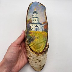 Vintage Ukrainian Oil Painting on Birch Wood Slice Chernihiv Collegium Art Gift