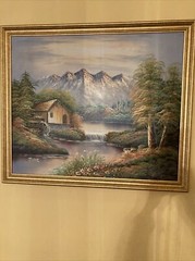 Canvas painting Snow cover montain on hill multicolored Sz 27×23 signed by Tayor