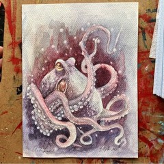 Original Octopus painting kraken ocean art watercolor squid deco Artettina USA