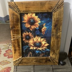Framed Sunflower Floral Painting, Realism Style Artwork Rustic Wood Frame