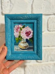 Original Oil Painting Pink Peonies Flowers Still life Vase Art Framed 4×5 in