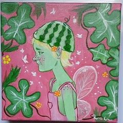 Fantasy Watermelon Fairy Canvas Painting Pink Green Signed Art