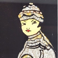 Reverse Painted Glass Foil Tinsel Art Panels Japanese Figures Pair 1910s-40s