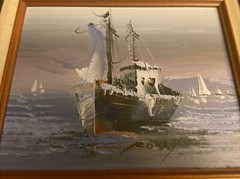 Original Sea Boats Oil Painting by Rossy Signed Framed Seascape Art