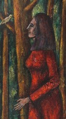 1950s Oil Painting Woman Forest Bird Trees Expressionist Mid Century Vintage Art