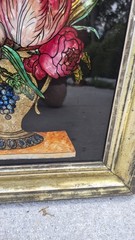 Antique Beautiful Victorian Framed Tinsel Reverse Foil Painting Floral Tinfoil