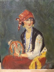 1930s Oil Painting On Board Portrait Gypsy Woman Musician * Kay Read Collection