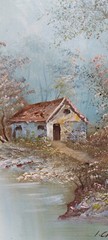 Irene Cafieri Landscape Oil Painting , Tranquil River Scene, Cottage and Nature