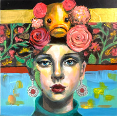 Original Woman Portrait Painting Acrylic Floral Crown Figurative Art OOAK 8×10