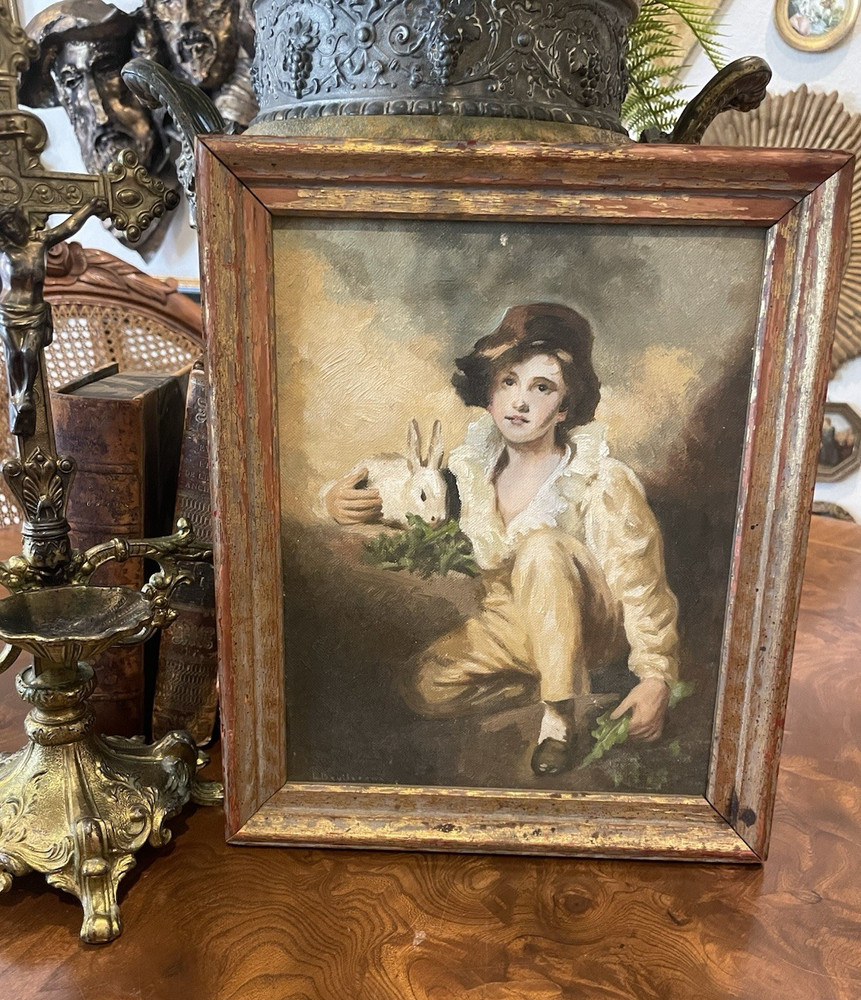 Vintage Framed Oil Painting Boy and Rabbit 9.5 x 12″ Antique Gallery Wall