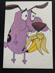 Courage Eats Banana ACEO hand painted Art trading card acrylic micron 2.5×3.5