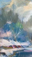 Oil painting Winter Ukrainian painter Canvas Framed Decor original landscape art