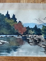 Vintage 1950s Watercolor Painting Nature Waterfall Trees Landscape 1950s 7 x 5