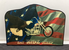 VINTAGE HAND PAINTED CAPTAIN AMERICA CHOPPER EAGLE WOOD WALL ART EAT RIDE SLEEP