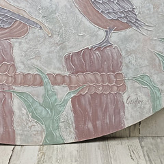 Pelicans on Piers Oval Canvas 44 x 32 Mauve Green Pink 1990’s Signed Gentry