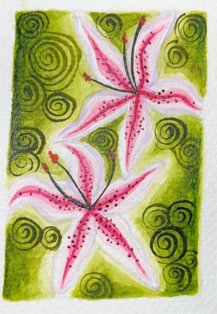 aceo art cards original watercolor painting pink and white lilies green swirls