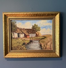 Antique Swedish Skane Farmhouse Oil Painting Signed Sorenson 17.5”x 21.5”