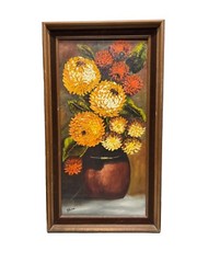 Vtg Retro 70s 1977 Framed Orange Yellow Mums Still Life Painting Signed