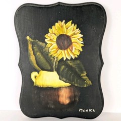 Vintage Hand Painted Sunflower Folk Art on Wood Board Signed Monica 1979