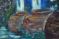 Original Hecto Vidal Oil Painting Tinajones, Colonial Patio Camaguey, Cuba 20×16