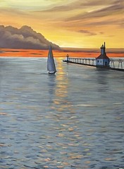 8×10 PRINT OF PAINTING Michigan lake lighthouse contemporary landscape art Ryta