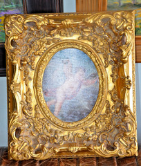 Vintage Cherub Painting in an ornate Baroque-style frame 18.5″X16.5″ – signed