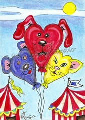 ACEO original dog cat bear Circus balloon Animals Loberg mini Art kitty puppy