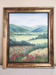 Original Acrylic Landscape Painting Red Poppy Field Mountain Meadow Wall Art