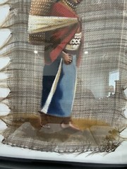Vtg Ecuador Painting on Woven Horse Hair Frame Woman Walk Barefoot 24 3/8” X 20”