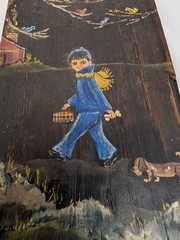 Vntg Signed Painting On Reclaimed Board Boy W Dog Attached Artist Card