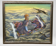 RARE Marjett Schille Original Acrylic Painting Fantasy Arab Sultan Flying Carpet