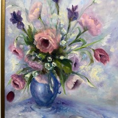 Original Floral Still Life Oil Painting Canvas Framed Pink Roses Blue Vase Cup