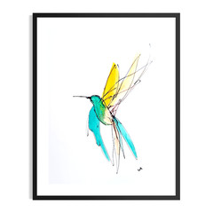 Original Abstract Hummingbird 9×12 Painting Acrylic Teal Wall Art Paper