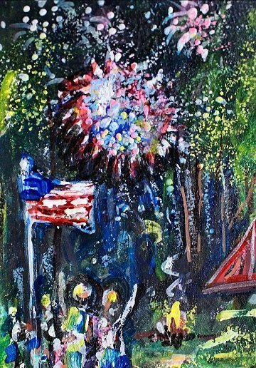 ACEO Original Painting FIREWORKS Summer CITY Park People 4th July USA ATC ART