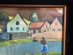 Robert Peet Hooks Signed Oil Painting Village Woman Houses Folk Art Framed 15×13