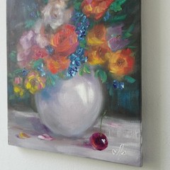 Vibrant Floral Bouquet Original Oil Painting White Vase Still Life Wall Decor
