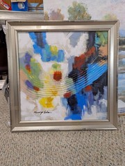 Original framed blue white red abstract acrylic painting on Canvas. 24in x 24in