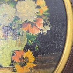 Vtg Original Oil Painting Floral Still Life Oval Deep Wood Frame 12×14 Moody