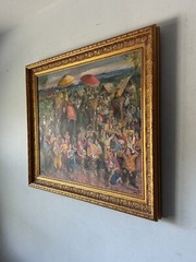 EXCEPTIONAL ANTIQUE THAILAND FOLK ART OIL PAINTING OLD VINTAGE ASIAN THAI PEOPLE