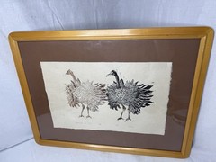 Ostriches in Two Painting Original Watercolor Signed Jung Framed Artwork 1975