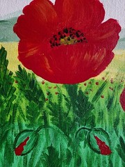Handmade Painting Acrylic Art Panel 11x14x1/16 Decor Flowers Poppies Mountains