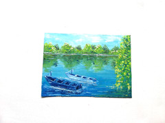 Nature Landscape Oil Painting, Forest with River and Boats. No frame. 20х28 cm