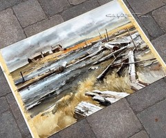 1970s CHALLIS GALLERIES Coastal Harbor Scene Watercolor by Ritchie Benson