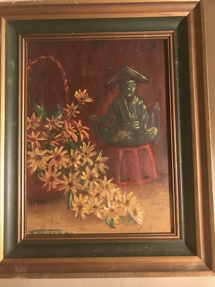 Vintage S Palter 1970 „Still Life With Flowers And Scene“ Oil Painting – Framed