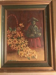 Vintage S Palter 1970 „Still Life With Flowers And Scene“ Oil Painting – Framed