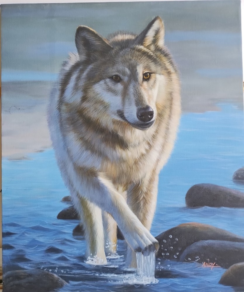 „Lone Wolf“ by Andy. Predator Wildlife 24×20 Original Oil FREE shipping!