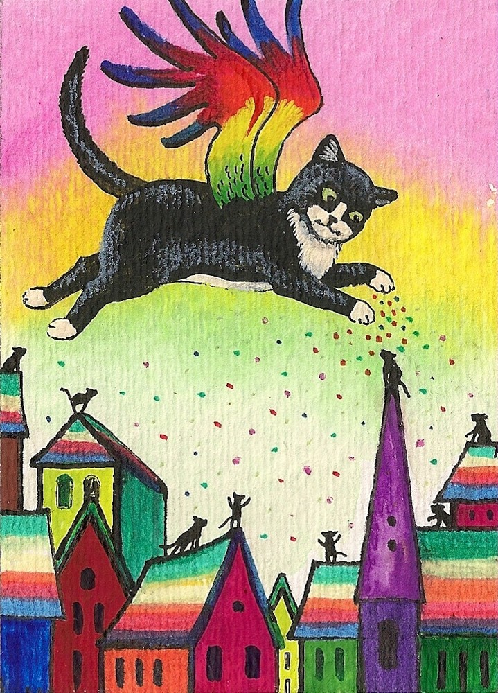 5×7 PRINT OF PAINTING RYTA TUXEDO CAT ANGEL RAINBOW BRIDGE KITTENS FAIRY ANGEL